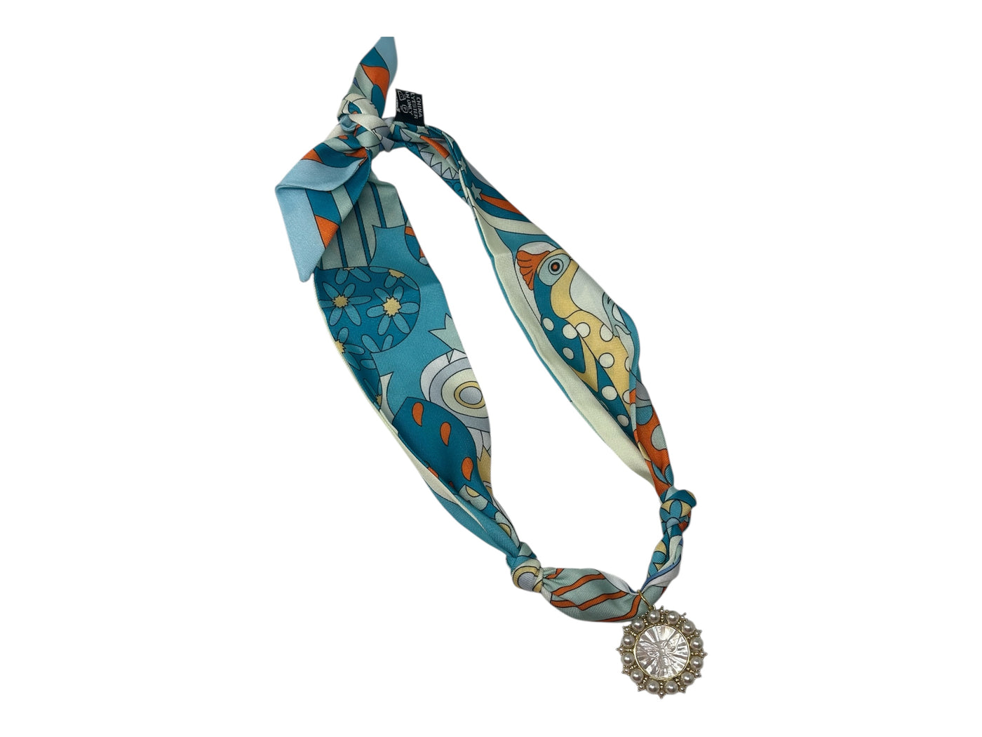 Scarf Charm Necklace - Blue Retro with Pearl Bee Pendant