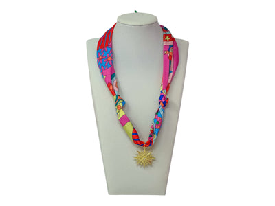 Scarf Charm Necklace - Pink Retro with Rhinestone Burst