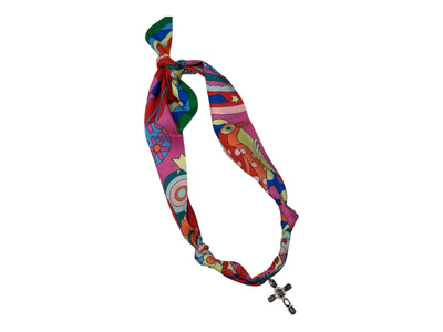 Scarf Charm Necklace - Retro Pink with Purple Cross Pendant