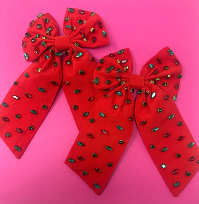 Bow - Red with Red and Green Rhinestone Bow