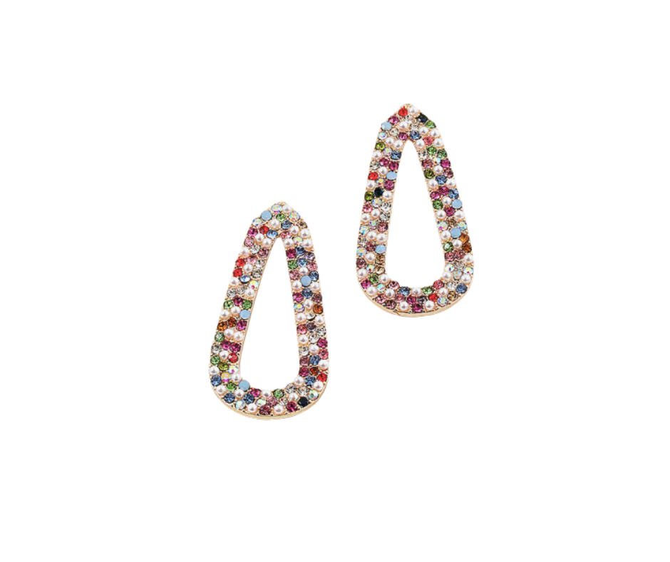 Rhinestone Oval Earrings - Rainbow with Pearls