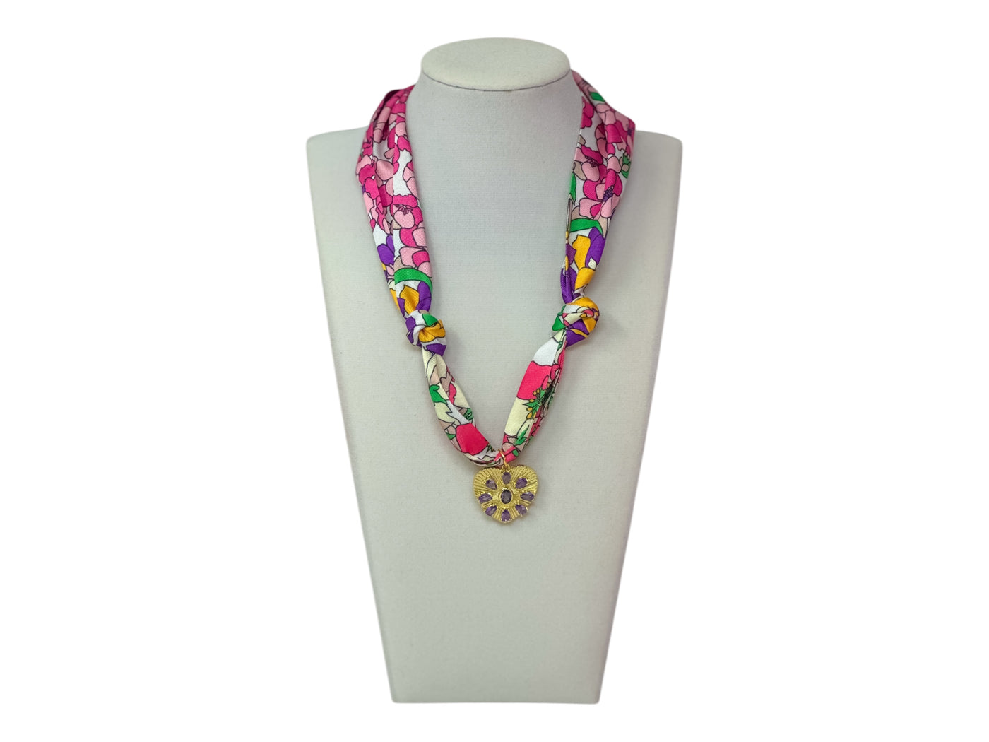 Scarf Charm Necklace - Pink and Purple Floral with Purple Rhinestone Heart