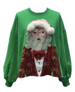 Queen of Sparkles - Green Sweatshirt with Santa in Leopard Jacket