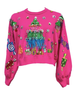 Queen of Sparkles - Bright Pink Feather Christmas Tree and Candy Sweater