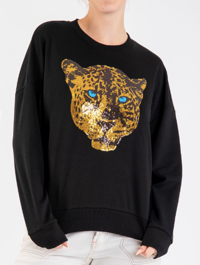 Sequin Jaguar Face Sweatshirt - Black