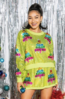 Queen of Sparkles - Neon Green Full Sequin Multi Tree Sweater