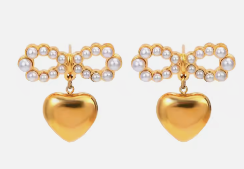 Pearl Bow and Heart Dangle Earrings