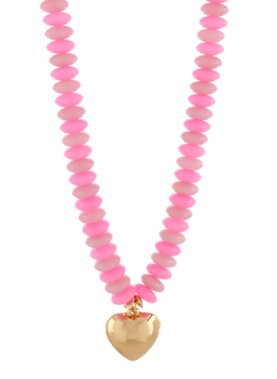 Color Wide Beaded Puffy Heart Necklace - Pink