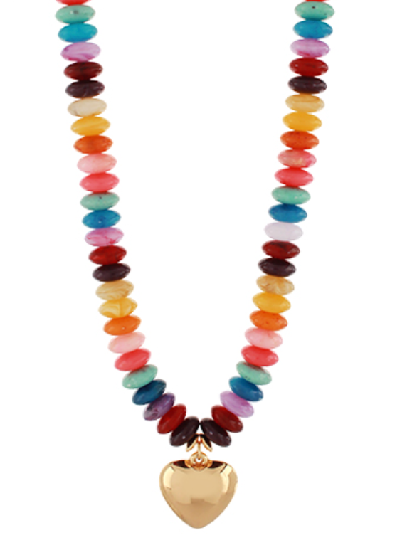 Color Wide Beaded Puffy Heart Necklace -Multi