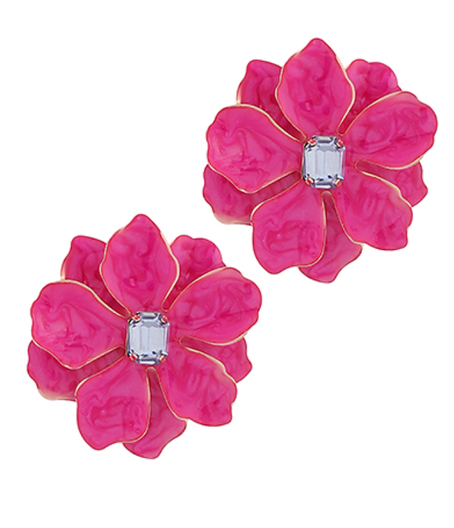 Flower Color Coated Statement Earrings - Pink
