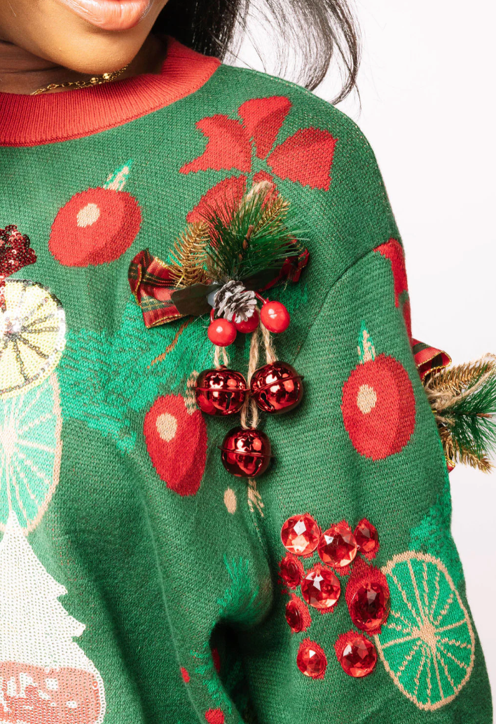 Queen of Sparkles - Dark Green & Red Christmas Cocktails Sweater