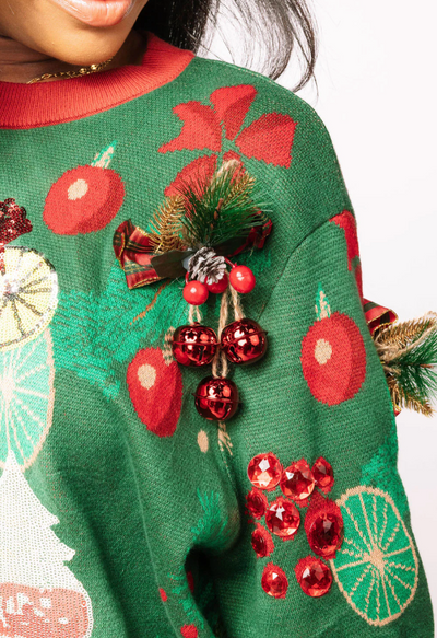 Queen of Sparkles - Dark Green & Red Christmas Cocktails Sweater