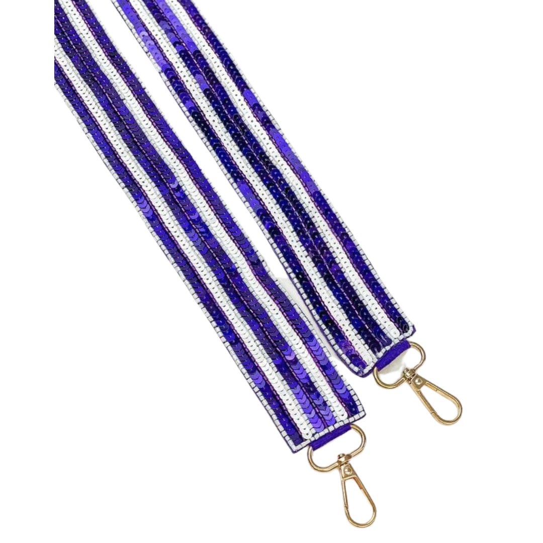 Sequin Seed Bead Bag Strap - Purple and White Stripe