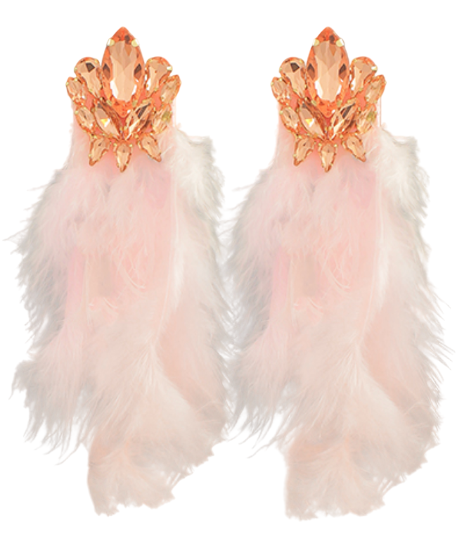 Statement Feather and Rhinestone Detail Earrings - Peach 