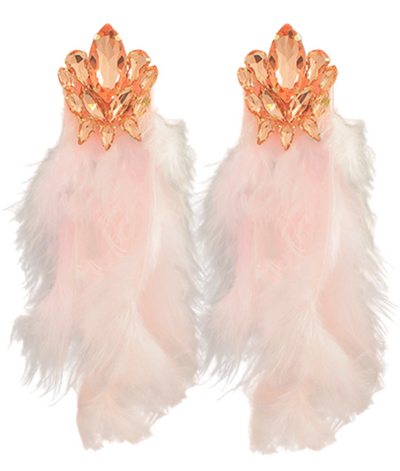 Statement Feather and Rhinestone Detail Earrings - Peach 