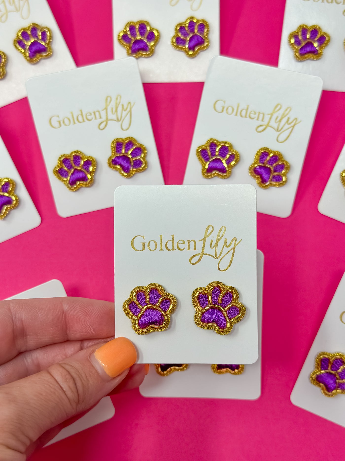 Paw Thread Earrings - Purple and Gold