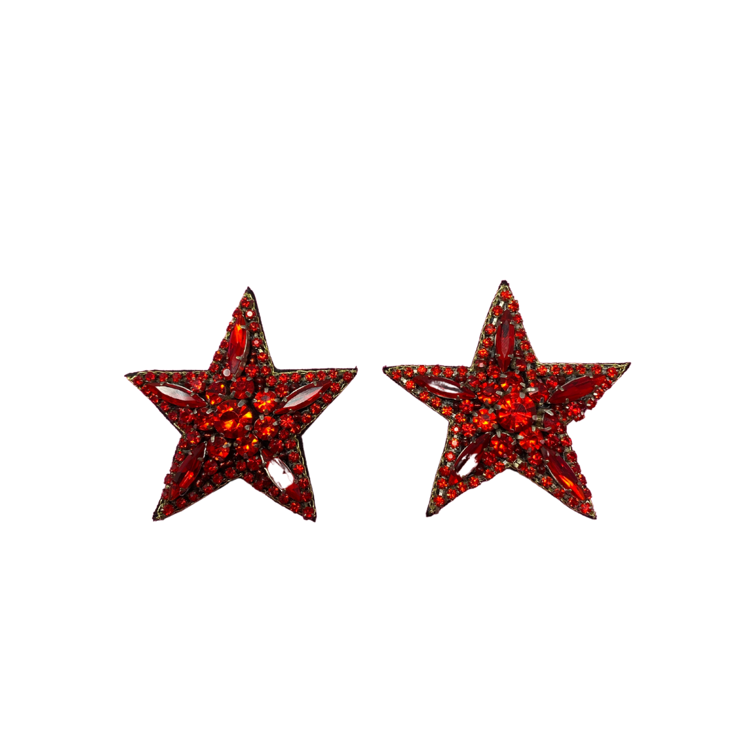 Rhinestone Star Earrings - Red