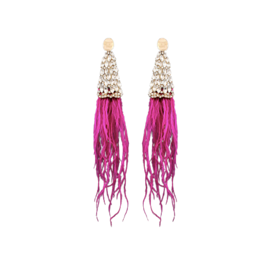 Rhinestone and Feather Earrings - Pink