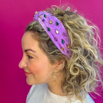 Mardi Gras Velvet Rhinestone Headband - Lavender