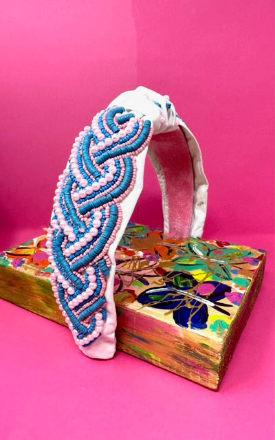 Headband Knot - White with Pink and Blue Beads