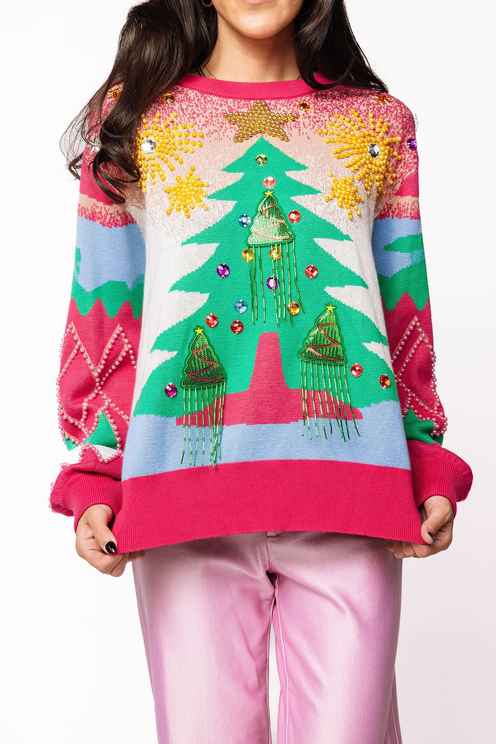Queen of Sparkles - Multi Pearl Fringe Christmas Tree Sweater