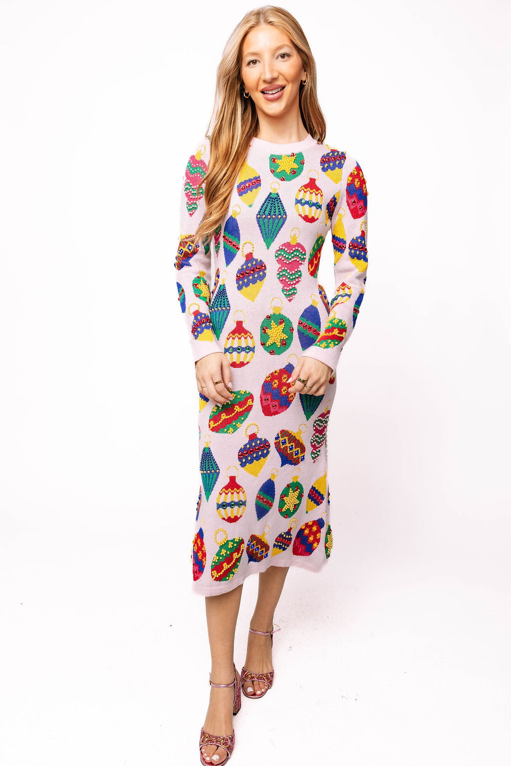 Queen of Sparkles - Christmas Light Pink Multi Jeweled Ornament Knit Midi Dress