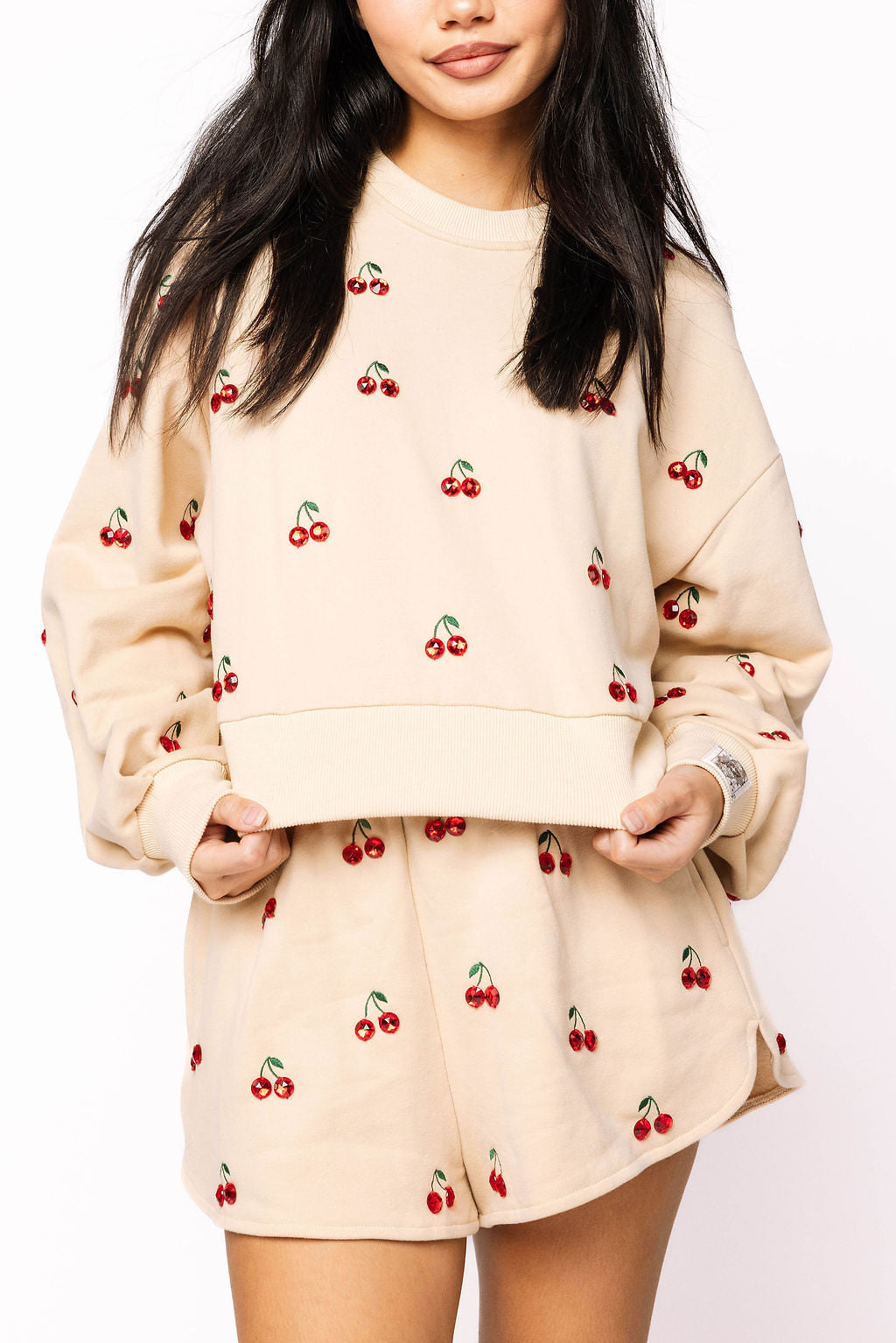 Queen of Sparkles - Tan Jeweled Cherry Sweatshirt