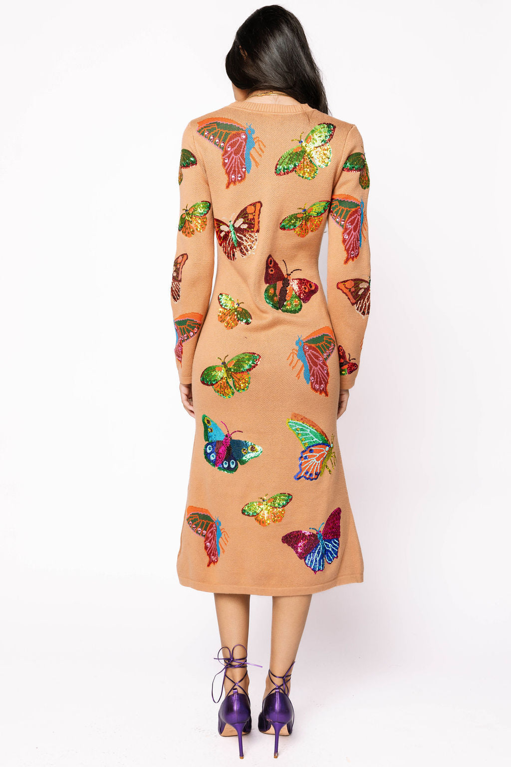 Queen of Sparkles - Tan Multi Butterfly Knit Midi Dress