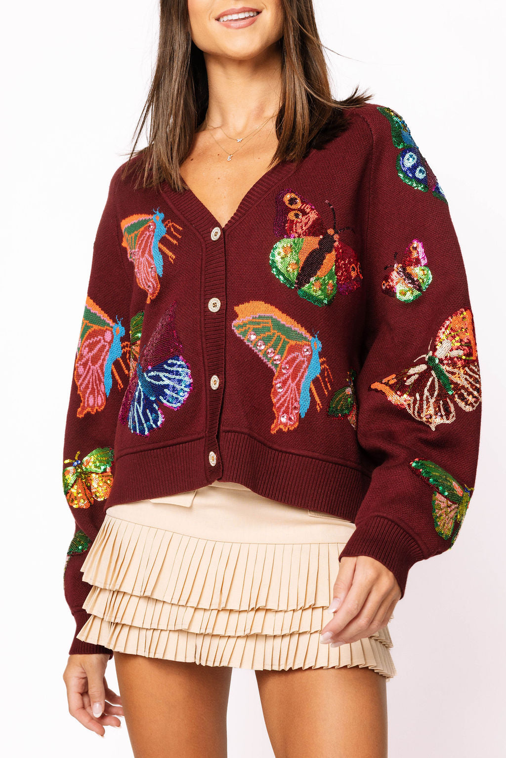 Queen of Sparkles - Maroon Multi Butterfly Button Up Knit Cardigan