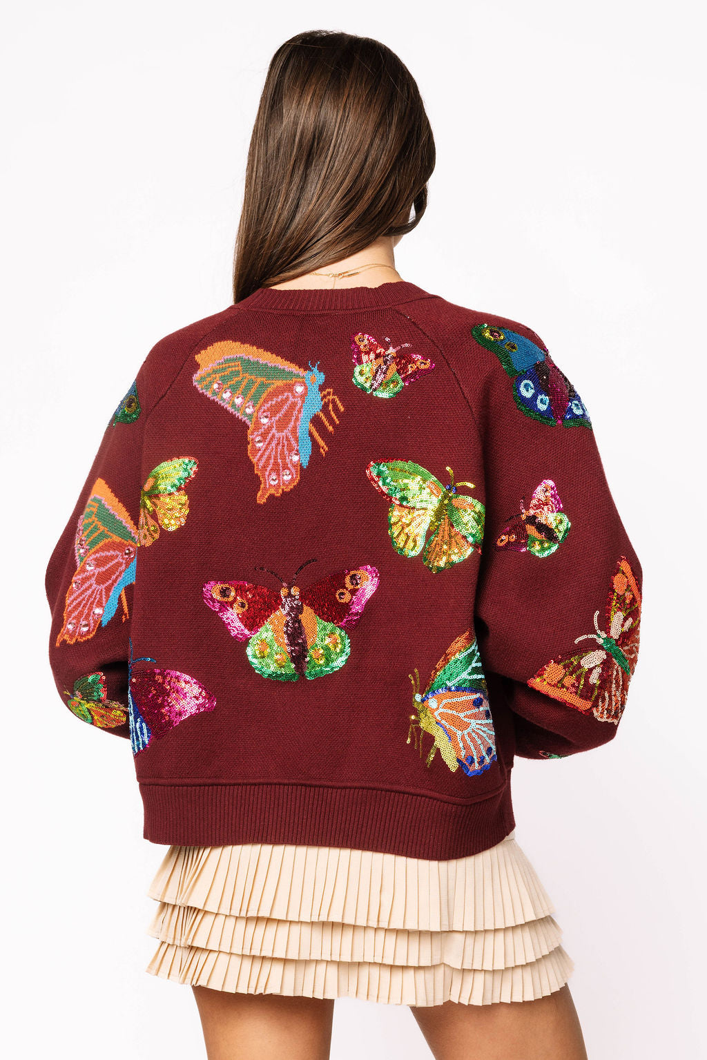Queen of Sparkles - Maroon Multi Butterfly Button Up Knit Cardigan