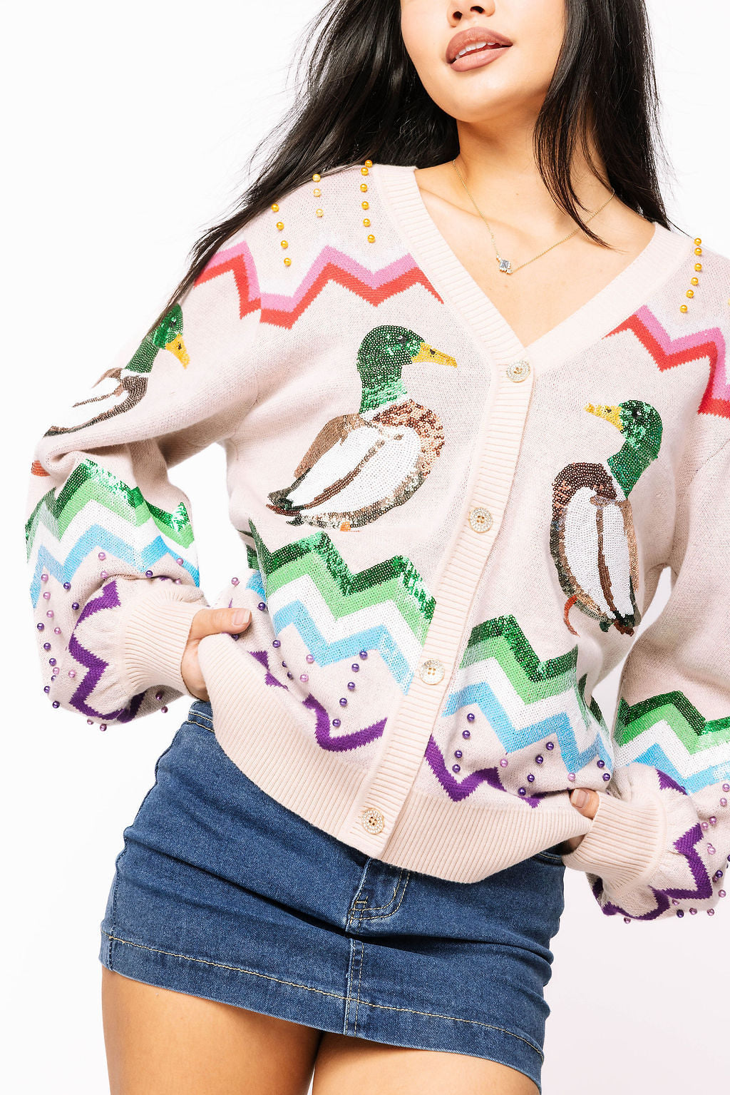 Queen of Sparkles - Beige Multi Zig Zag Duck Cardigan