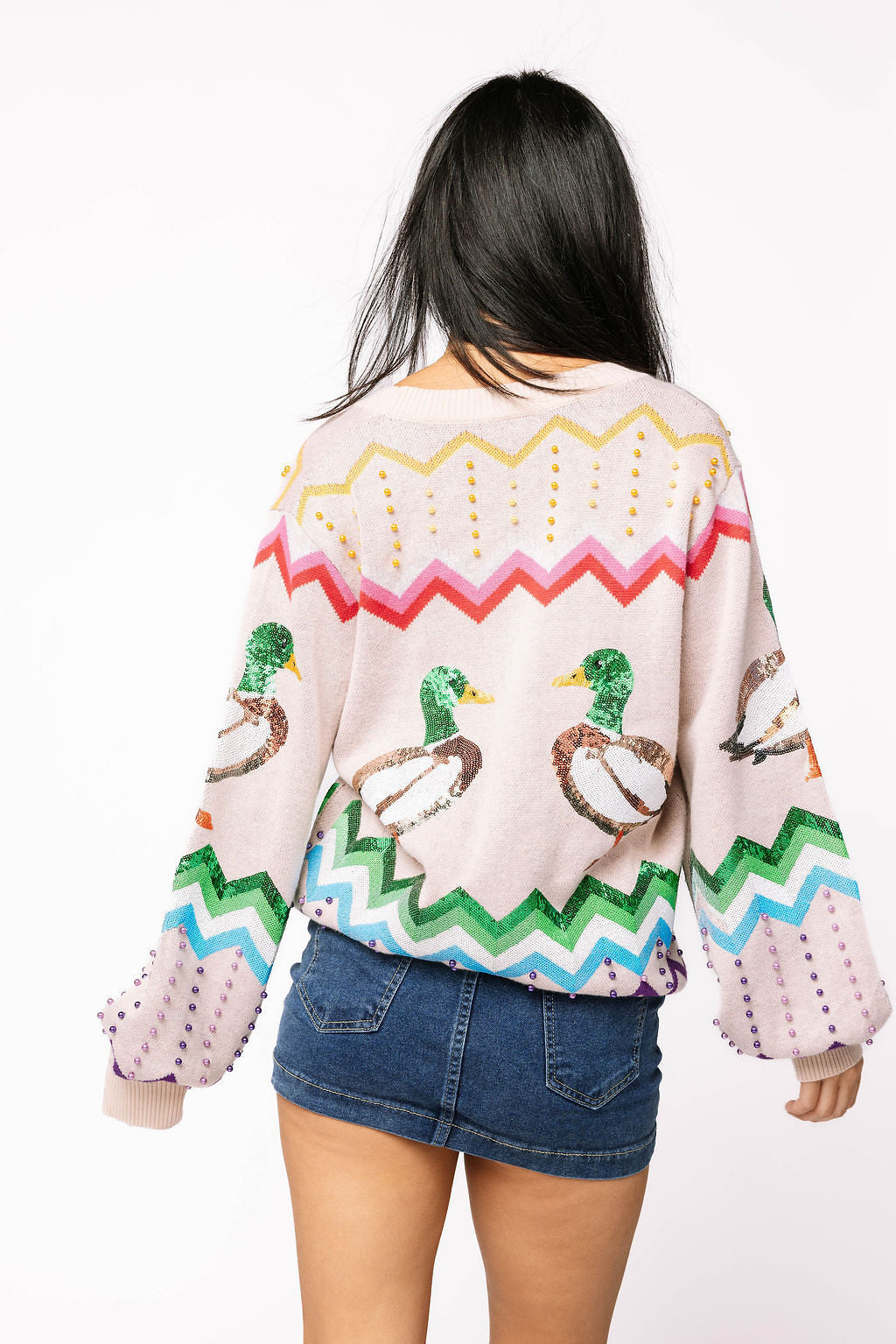 Queen of Sparkles - Beige Multi Zig Zag Duck Cardigan