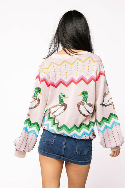 Queen of Sparkles - Beige Multi Zig Zag Duck Cardigan