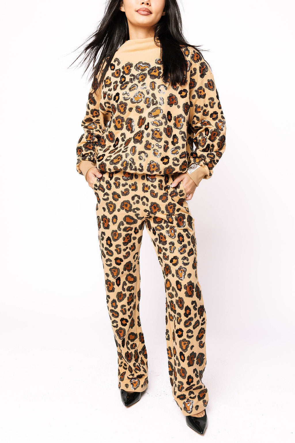 Queen of Sparkles - Tan, Brown, & Black Leopard Mock Neck Sweatshirt