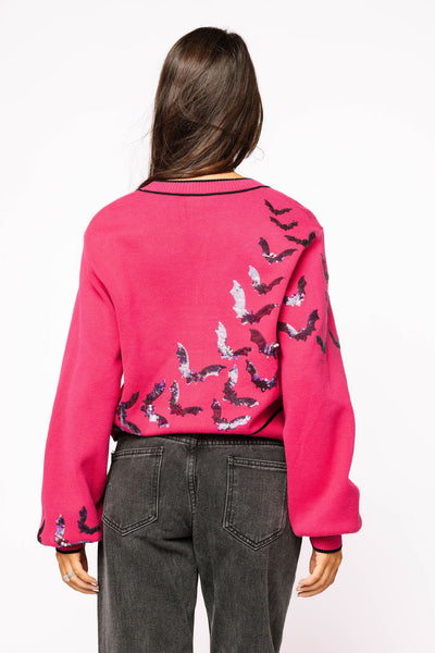 Queen of Sparkles - Halloween Bright Pink Crawling Bats Button Up Cardigan