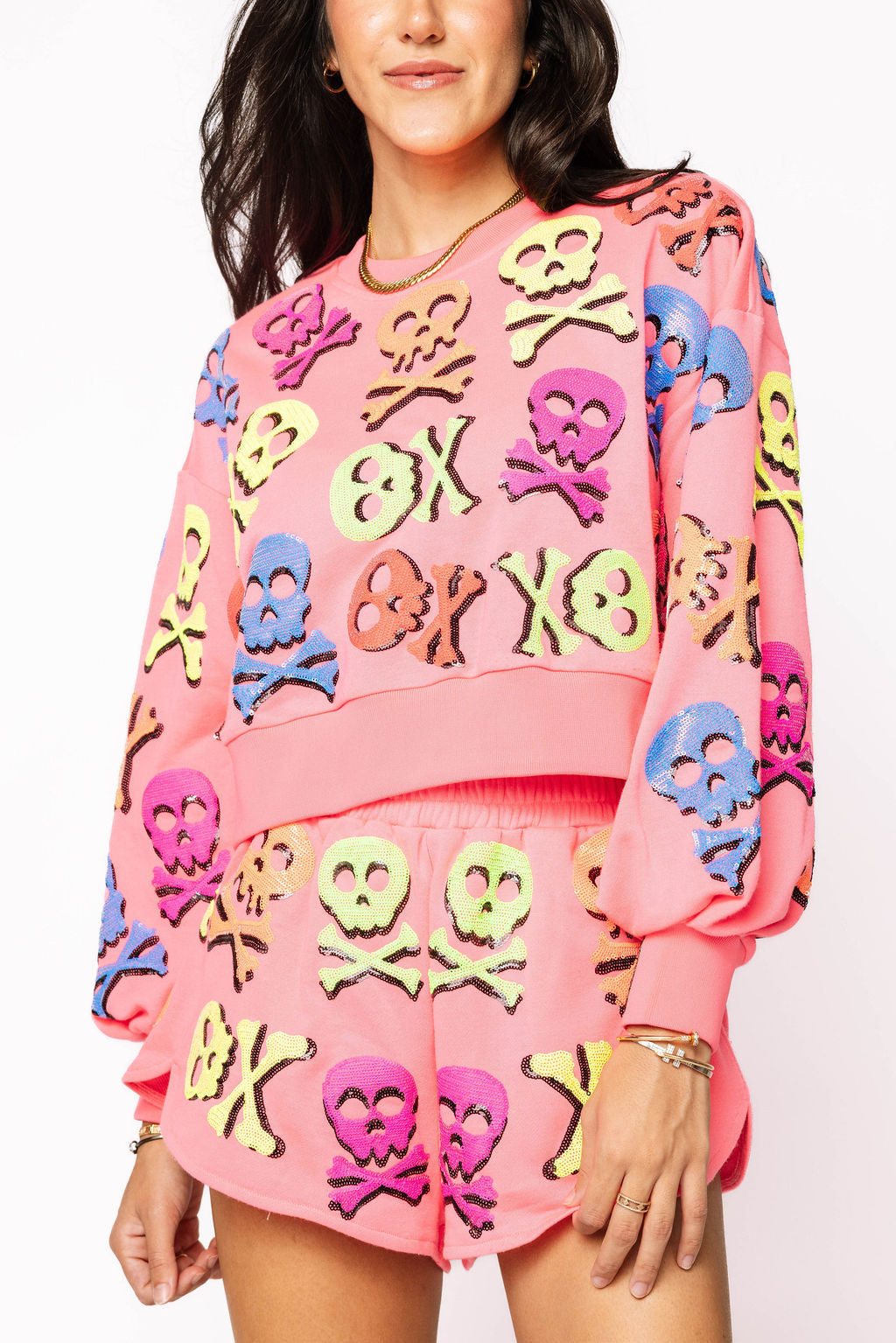 Queen of Sparkles - Neon Pink Multi Skull & Crossbones Sweatshirt