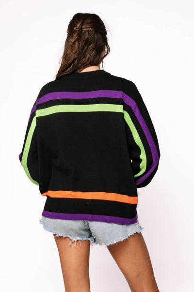 Queen of Sparkles - Black, Purple, Orange & Green Stripe 'Hocus Pocus' Long Sleeve Sweater