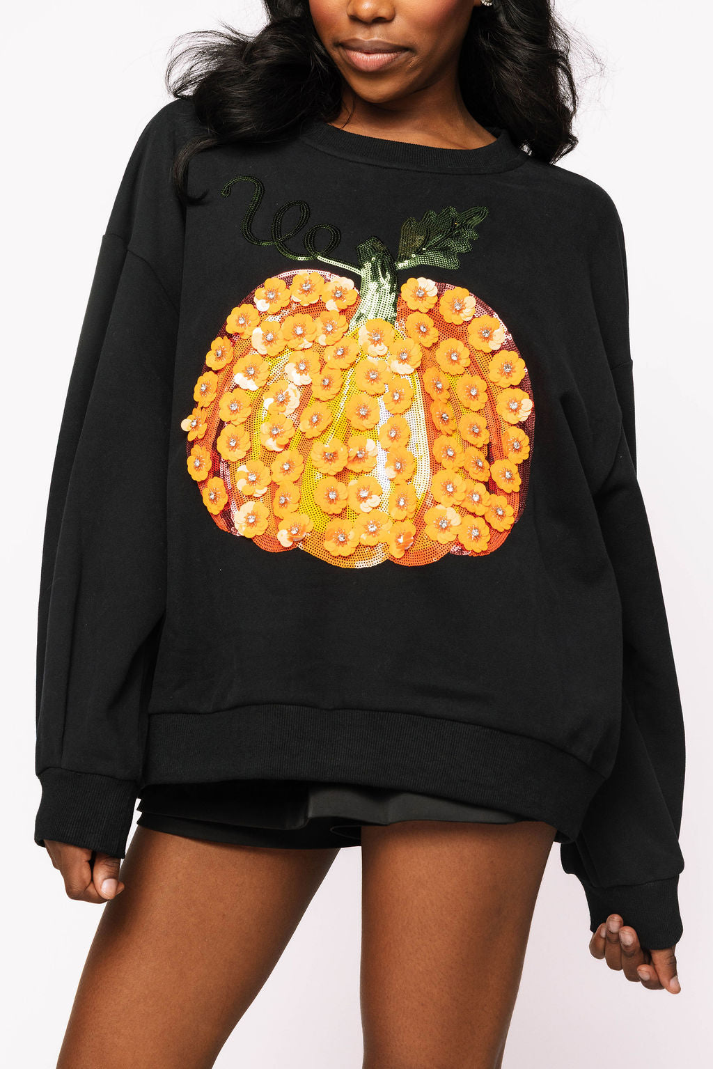 Queen of Sparkles - Black & Orange Flower Sequin Pumpkin Sweatshirt