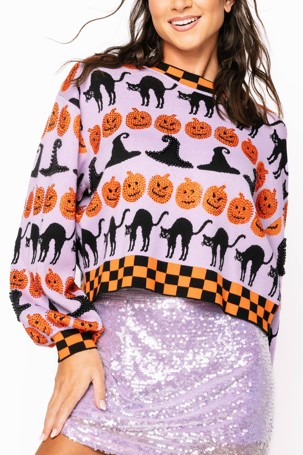 Queen of Sparkles - Lavender, Black & Orange Checker Trim Halloween Icon Sweater