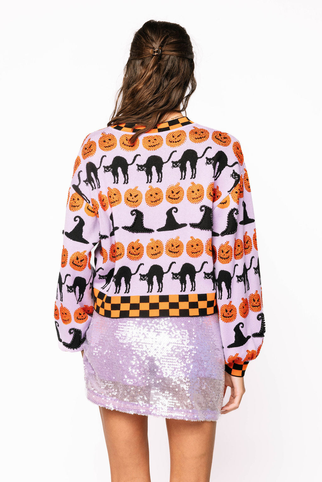 Queen of Sparkles - Lavender, Black & Orange Checker Trim Halloween Icon Sweater