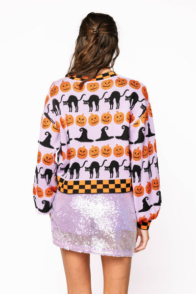 Queen of Sparkles - Lavender, Black & Orange Checker Trim Halloween Icon Sweater