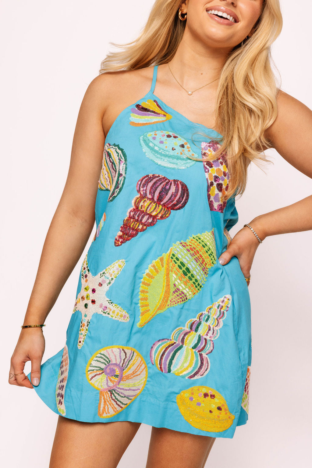 Queen of Sparkles - Shell One Shoulder Dress - Aqua
