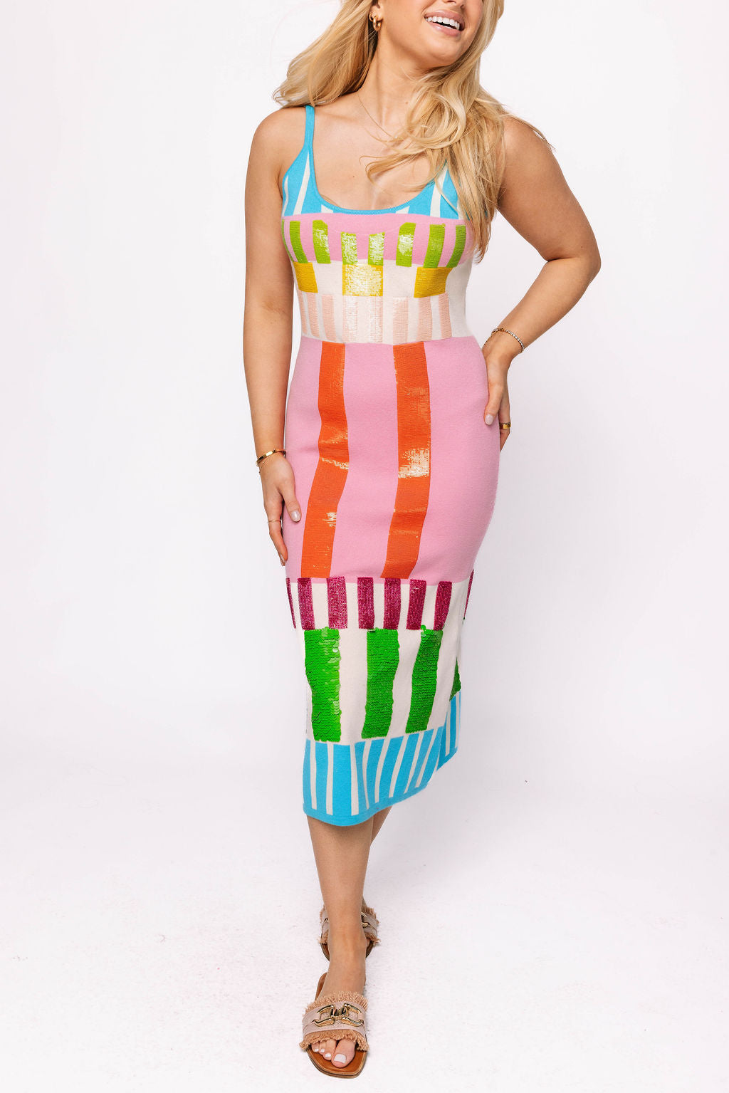 Queen of Sparkles - Colorblock Stripe Knit Midi Dress