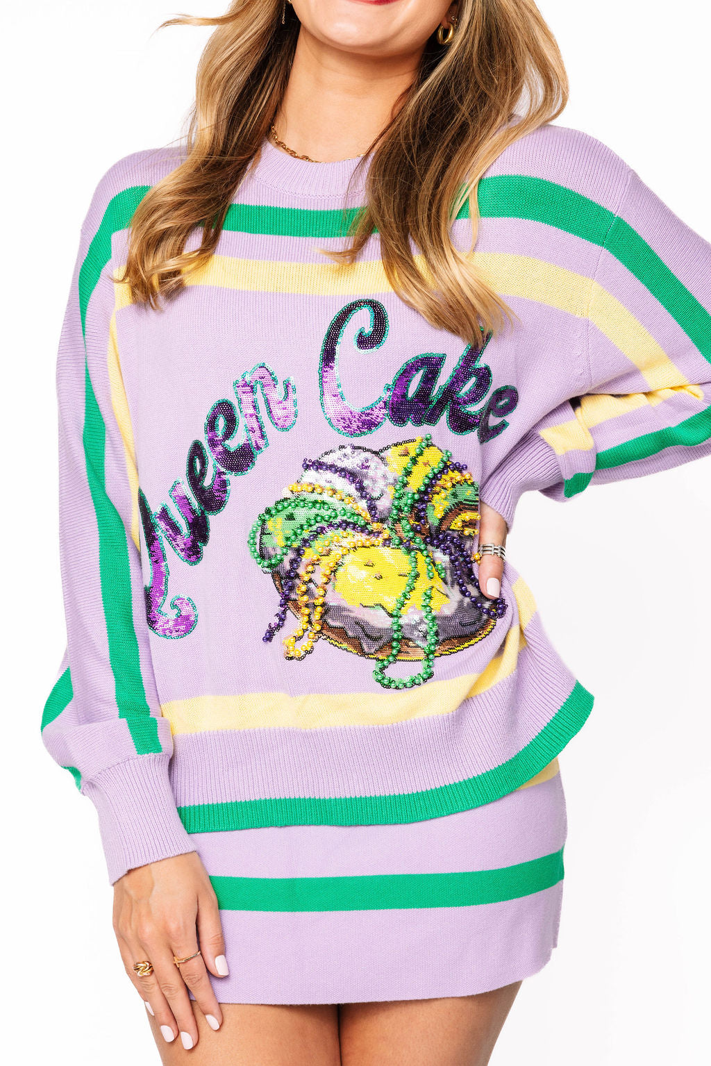 Queen of Sparkles - Lavender, Green & Yellow 'Queen Cake' Striped Sweater