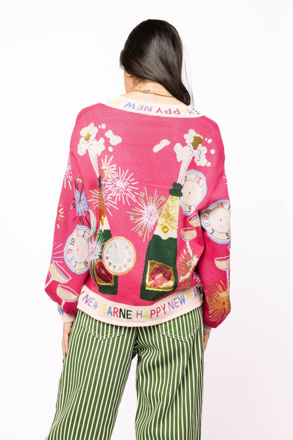 Queen of Sparkles - Hot Pink NYE Icon Button Up Cardigan With 'Happy New Year' Trim