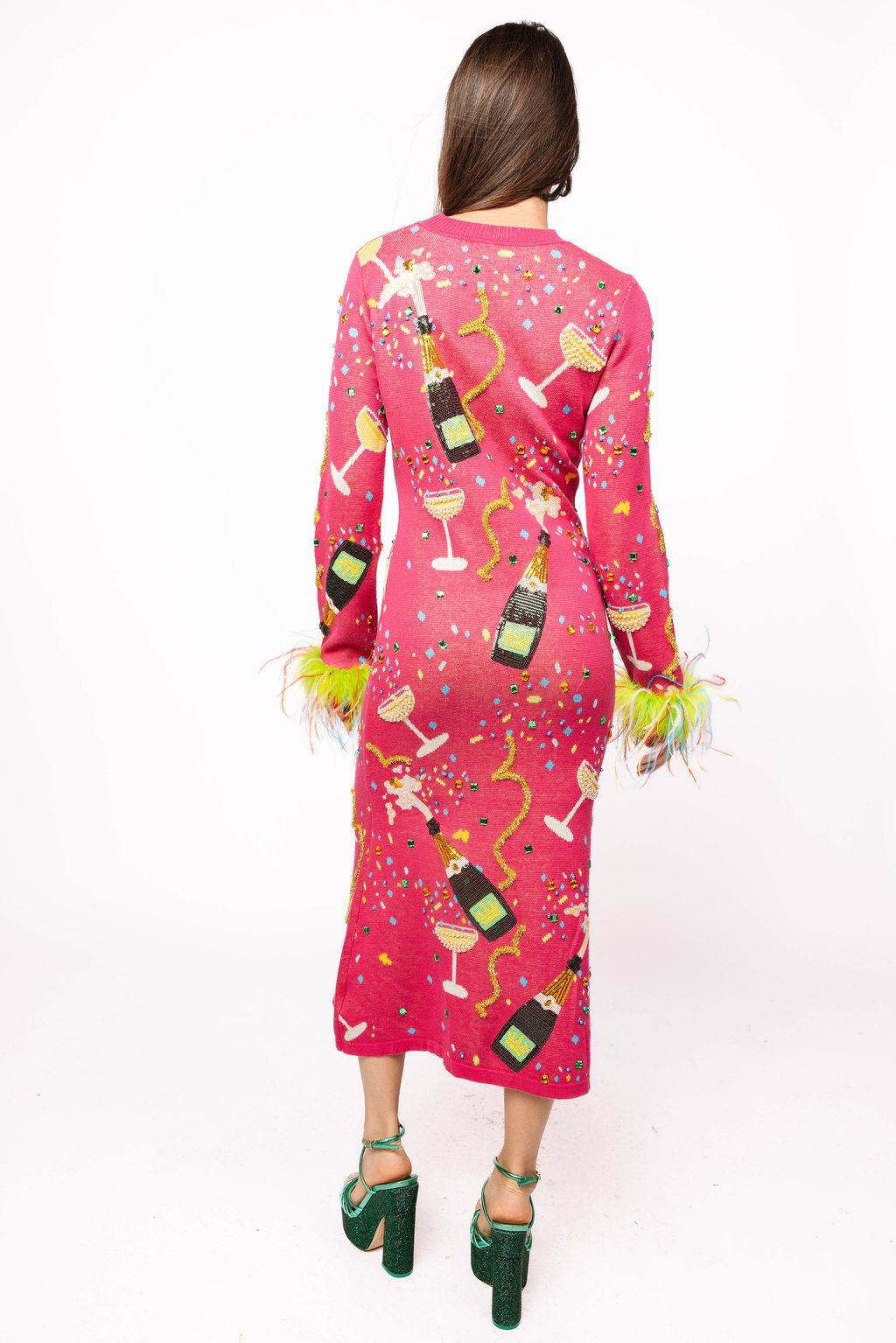 Queen of Sparkles - Hot Pink Popping Champagne Bottle & Coupe Feather Sleeve Midi Dress