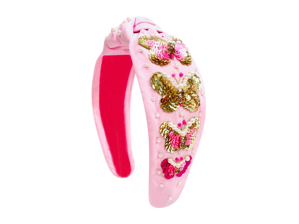 Headband Knot - Pink with Sequin Butterflies