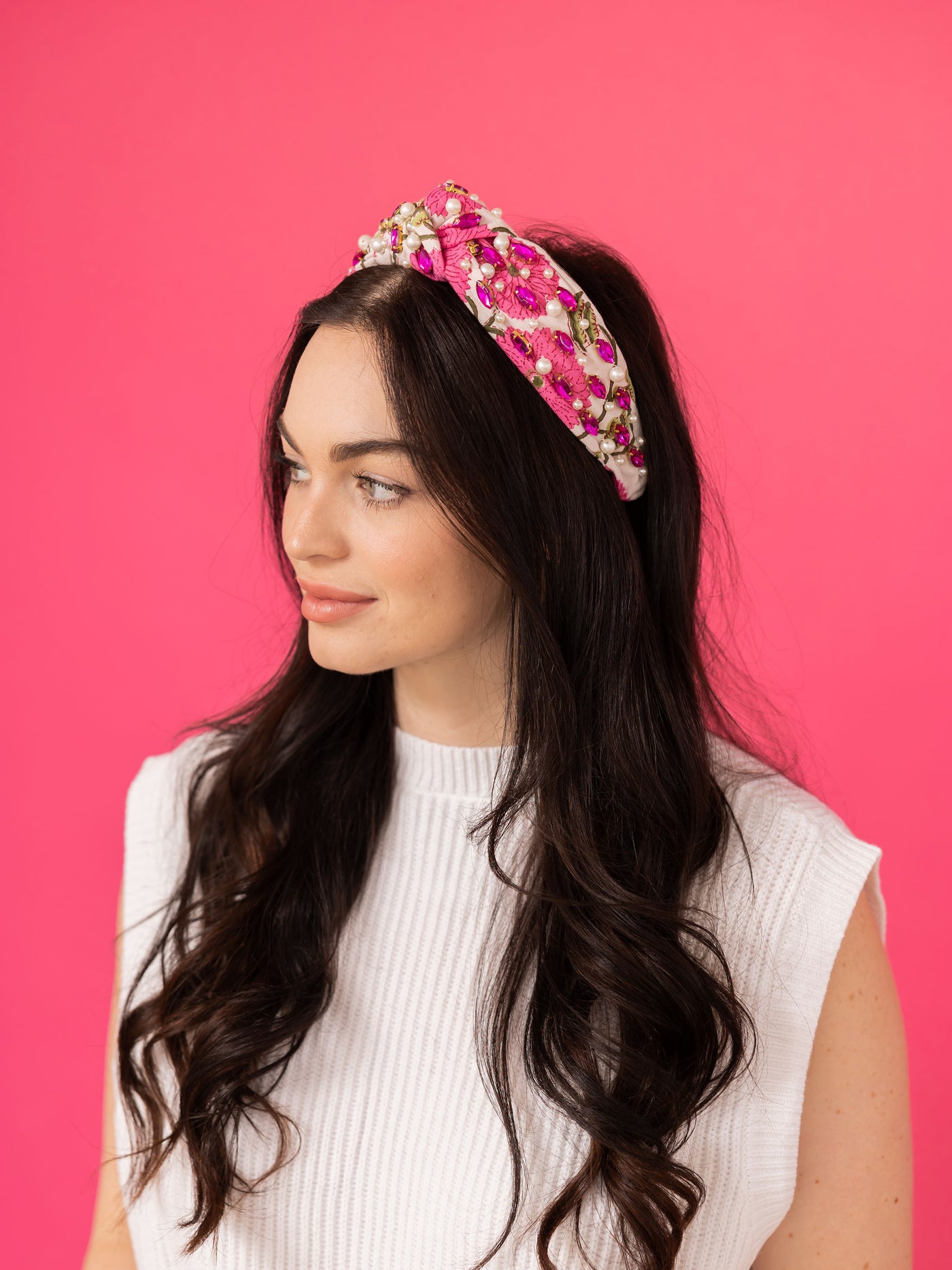 Floral Print Headband - Pink Rhinestone Pink Flowers