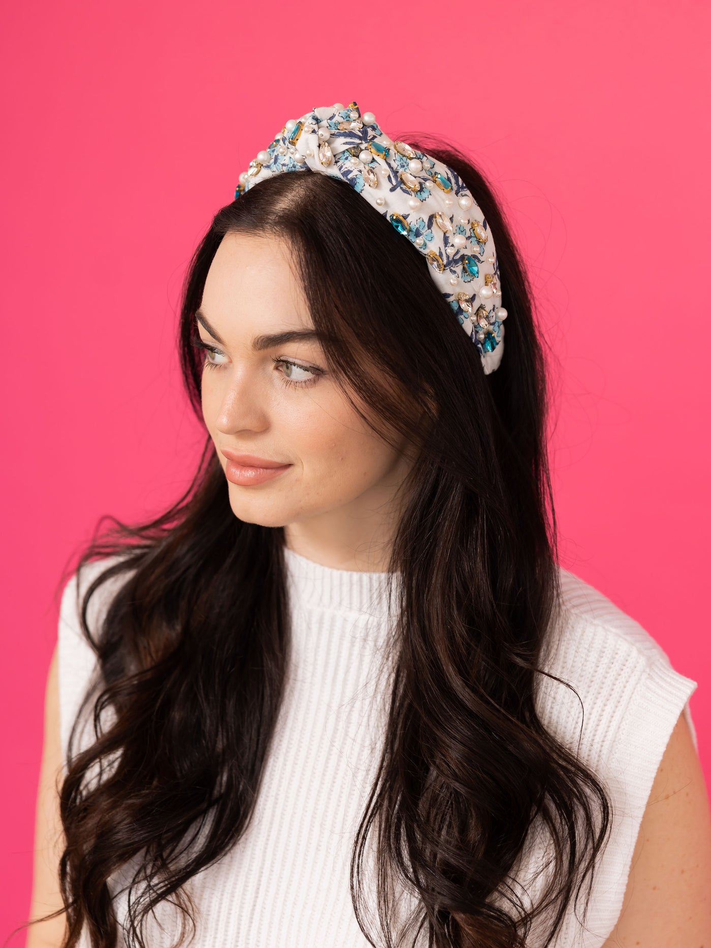 Floral Print Headband - Blue and Clear Rhinestone