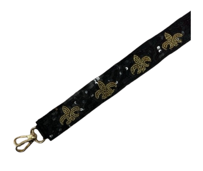 Sequin Strap - Black with Gold Fleur De Lis